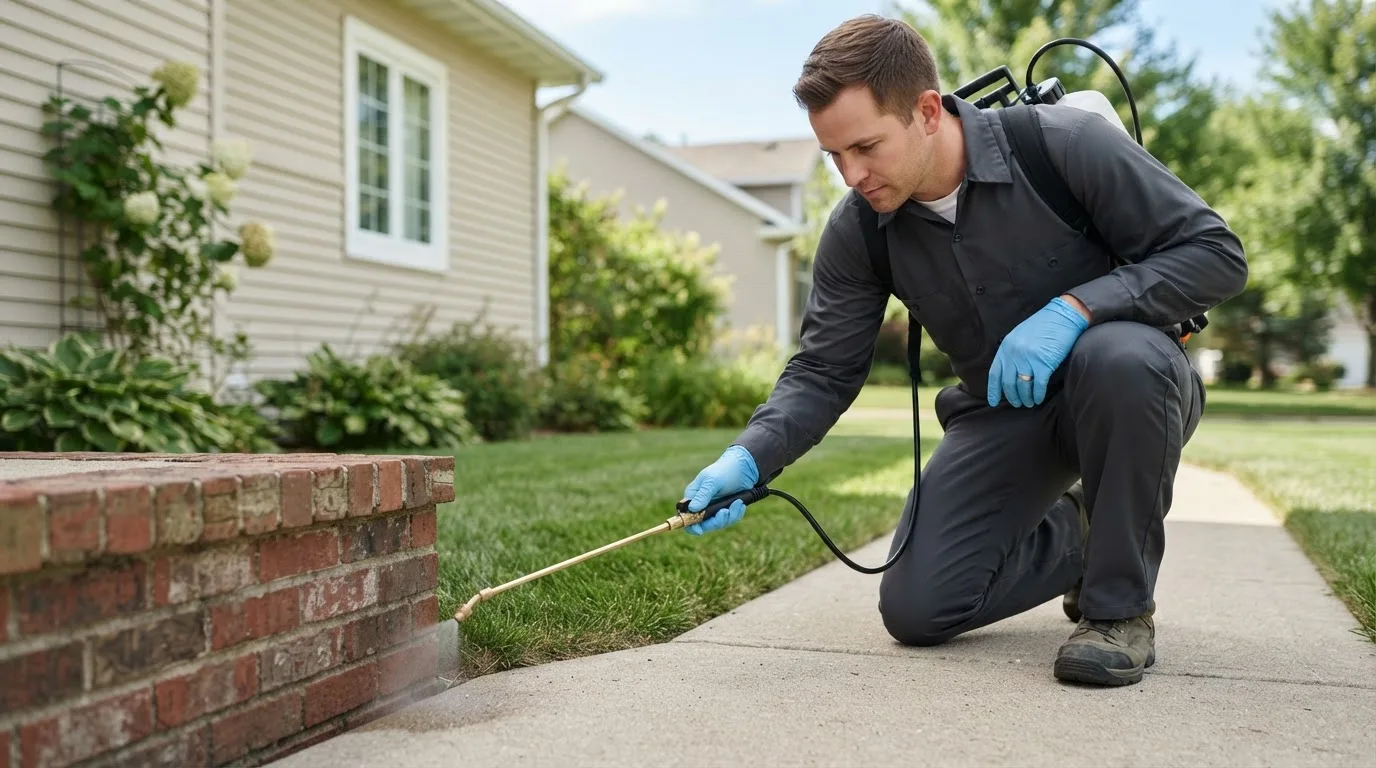 Pest control technician treating a home near Salisbury, MO